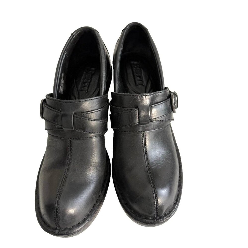 Born Chunky Clogs Block Heels Harness Strap Black Leather Womens 6.5